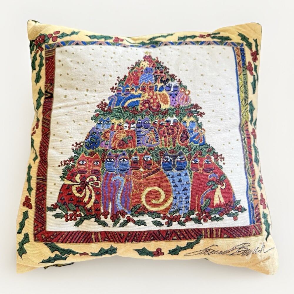 Laurel Burch Tapestry Throw Pillow 16” Holiday Decor Christmas Cats Tree